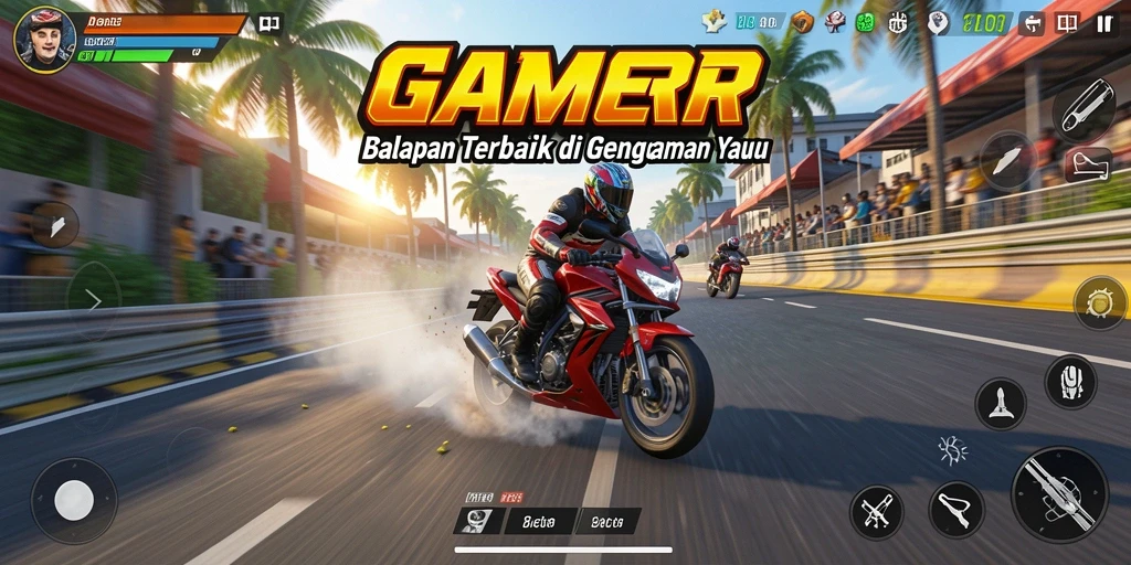 Screenshot utama GAMERP menampilkan balapan motor yang mendebarkan.