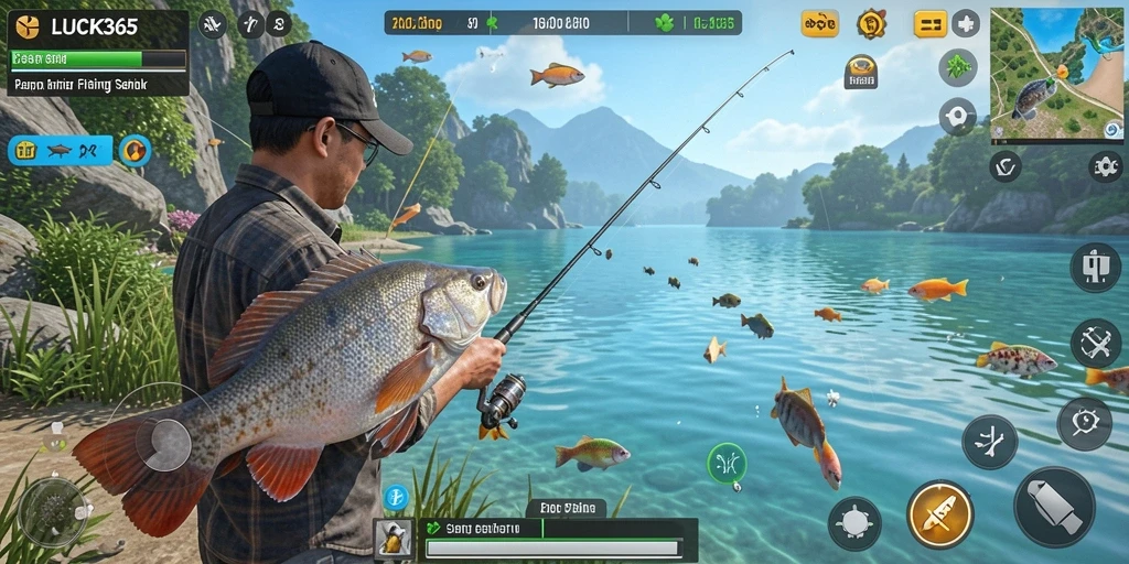 Screenshot gameplay LUCK365 yang menampilkan aksi memancing seru di perairan yang indah.