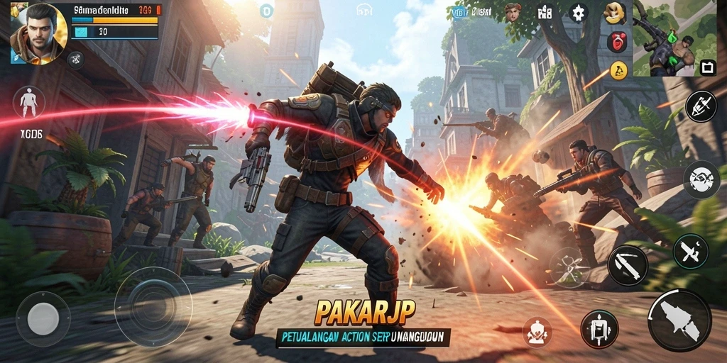 Screenshot aksi seru PAKARJP dengan karakter berjuang melawan musuh.