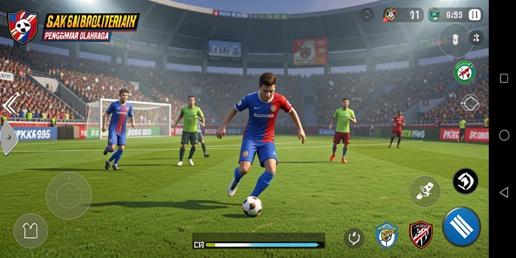 Screenshot gameplay PK95 yang menampilkan aksi sepak bola yang seru.