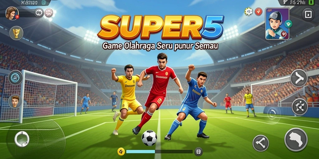 Tangkapan layar dari gameplay SUPER5 yang menunjukkan aksi olahraga seru.