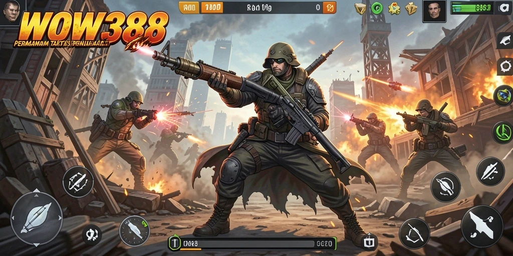 Screenshot WOW388 menunjukkan aksi mendebarkan dalam pertempuran TPS.